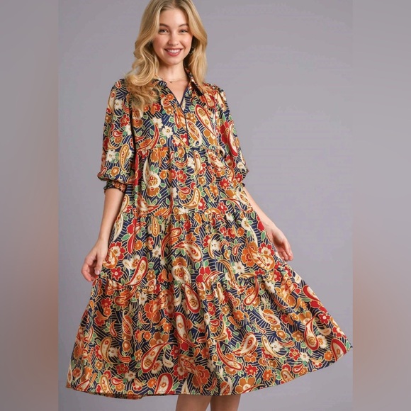 Umgee Navy Multi Satin Paisley Tiered Midi Dress with Puff Sleeves Medium M - Picture 1 of 10